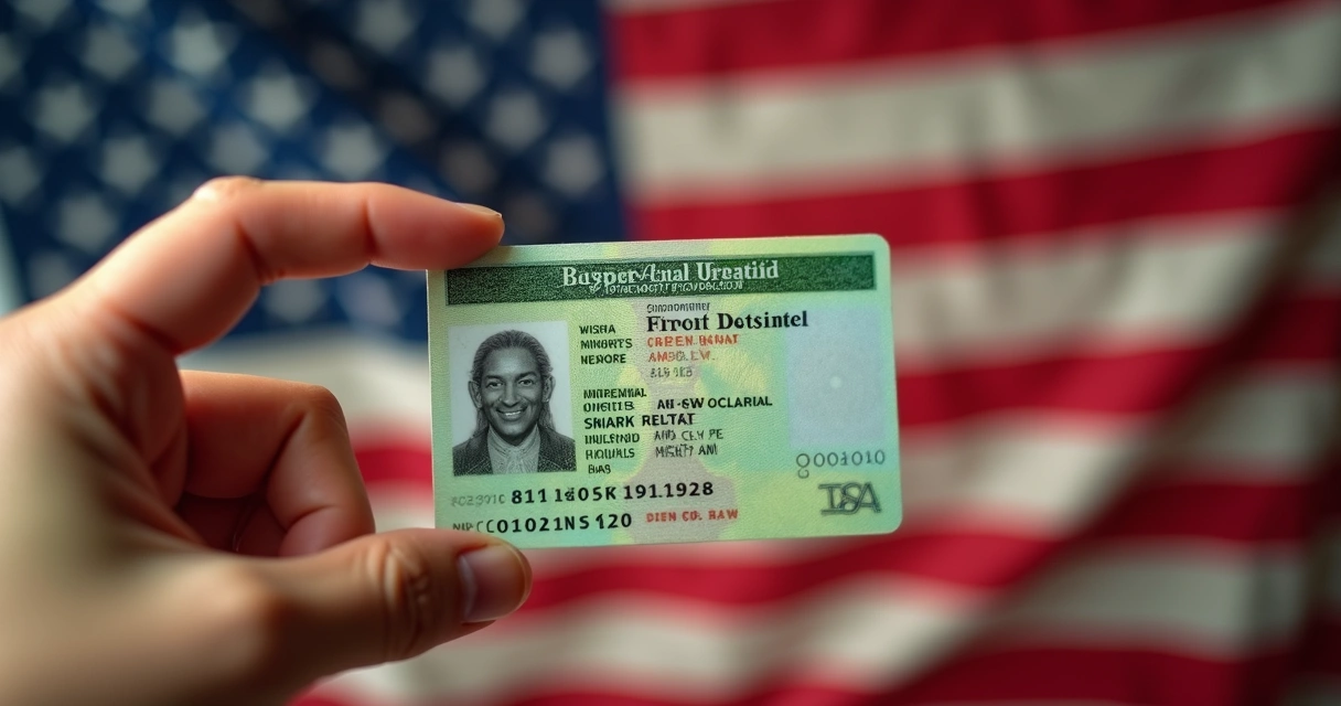 Mão segurando green card americano com fundo de bandeira dos EUA desfocada