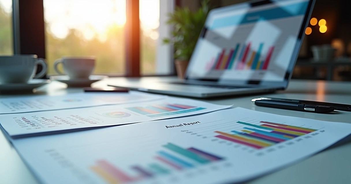 Mesa de escritório com documentos de análise financeira e laptop aberto mostrando gráficos financeiros exploratórios