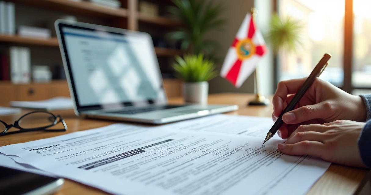 Businessperson reviewing documents and laptop with Florida registration forms on desk