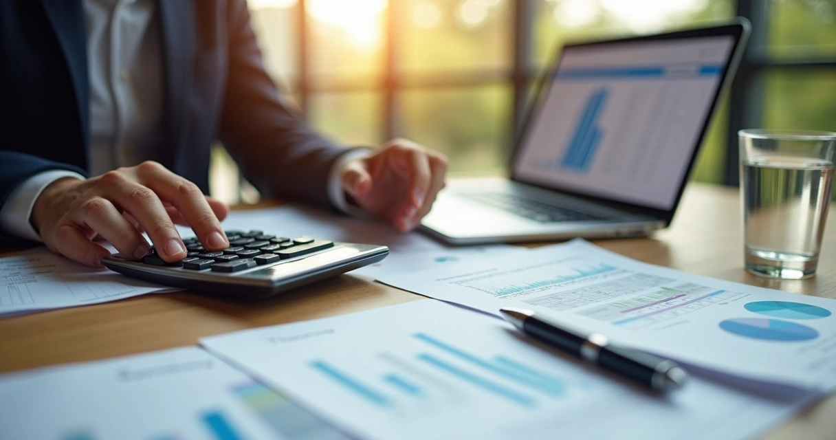 Businessperson calculating taxes with documents and calculator on desk