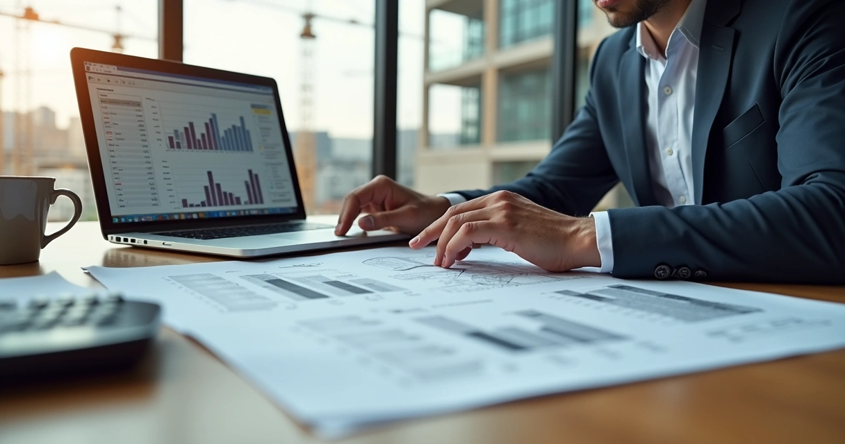 Accountant reviewing construction project documents with laptop and architectural plans on desk