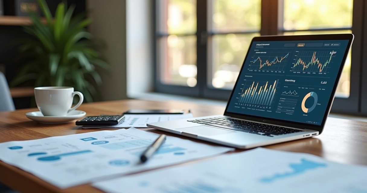Mesa de escritório com laptop exibindo gráficos financeiros, documentos contábeis e calculadora ao lado de uma xícara de café