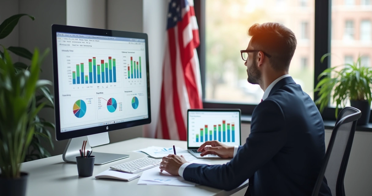 Profissional de contabilidade analisando documentos financeiros com gráficos e computador em escritório moderno nos Estados Unidos