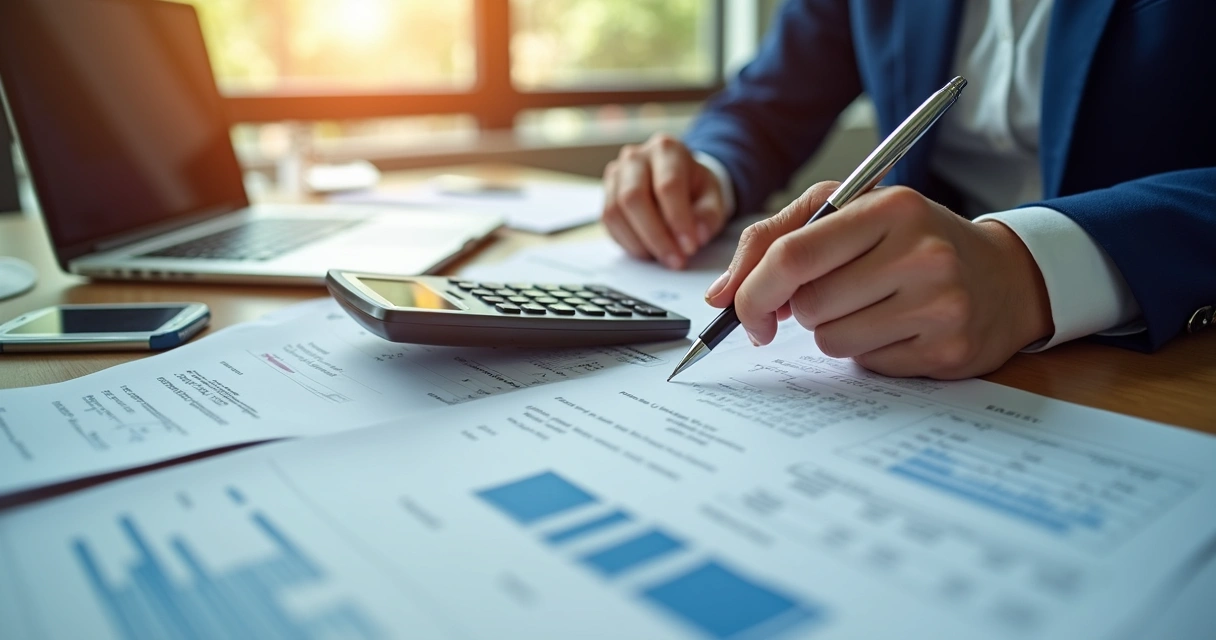Contador analisando documentos contábeis e calculadora sobre mesa de escritório