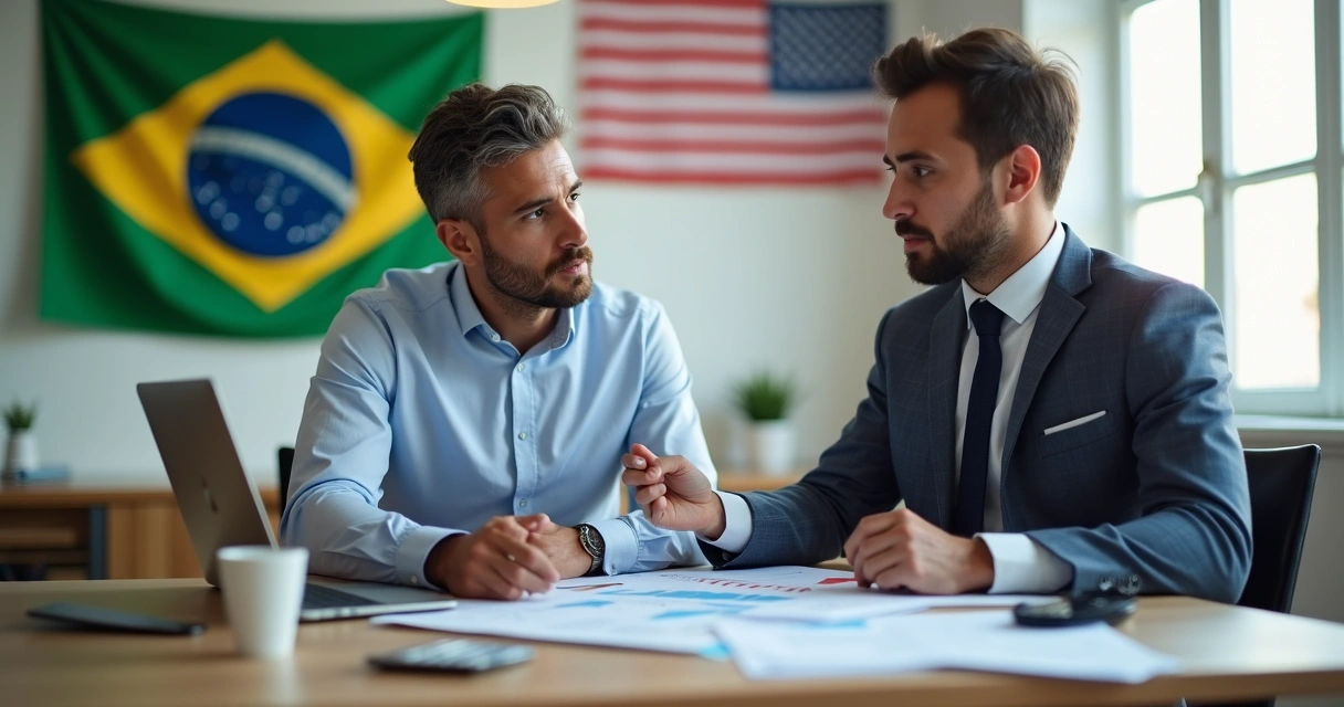 Contador brasileiro prestando consultoria financeira para empresário em escritório moderno com documentos e laptop