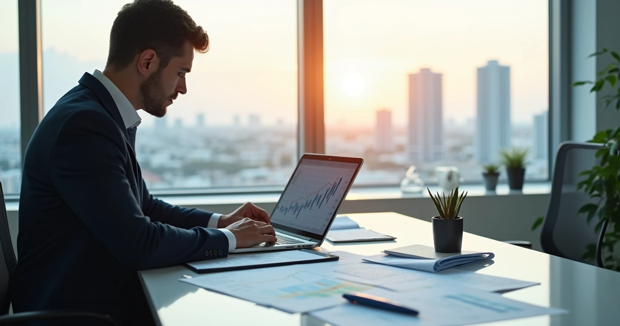 Contador trabajando en escritorio con documentos financieros y computadora en oficina moderna en Miami