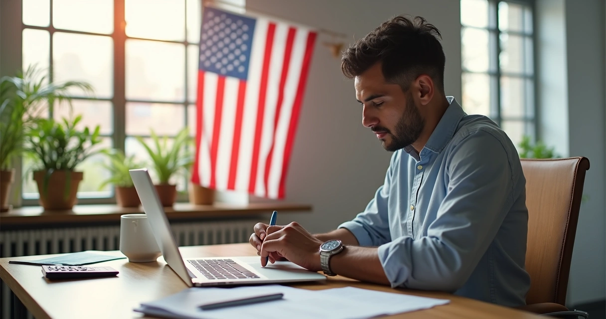 Empreendedor brasileiro analisando plano de negócios em escritório moderno com bandeira dos EUA ao fundo