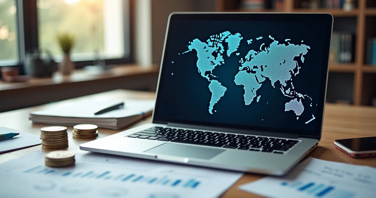 Mesa de trabalho com documentos empresariais, laptop aberto mostrando mapa mundi, gráficos financeiros e moedas ao redor