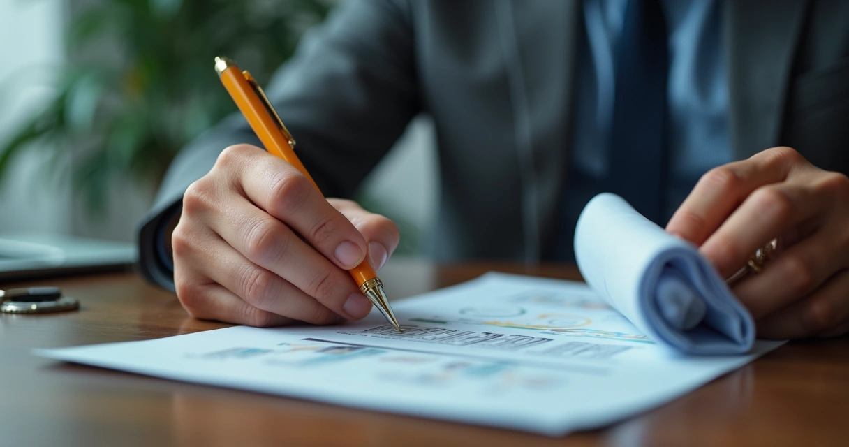 Empresário analisando finanças em escritório moderno com equipe de contabilidade ao fundo