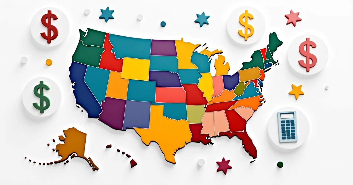 Mapa dos Estados Unidos com diferentes cores destacando impostos estaduais