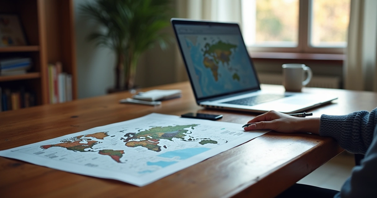 Mesa de escritório com laptop aberto mostrando gráficos financeiros e mapa-múndi digital ao fundo