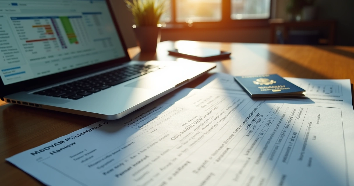 Mesa de escritório detalhada com documentos para abrir empresa nos EUA, laptop aberto com planilha financeira, passaporte e comprovante de endereço ao lado, luz natural dourada iluminando a cena